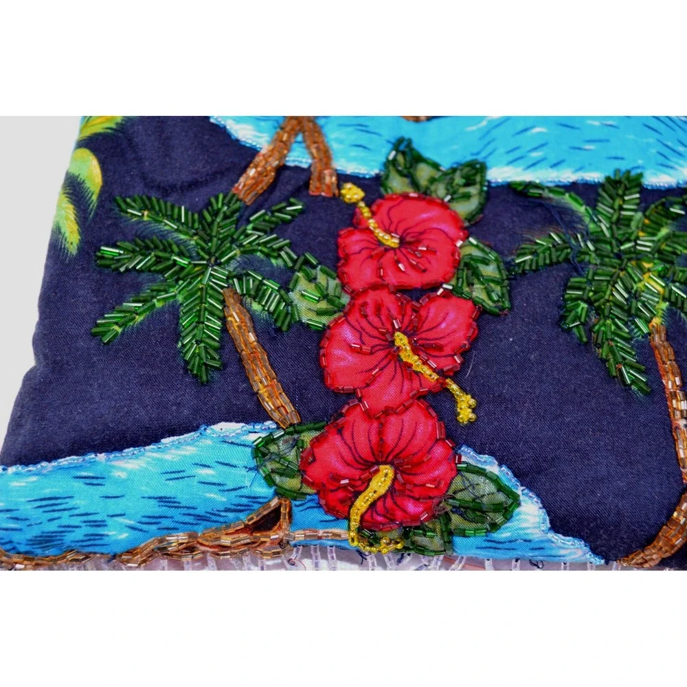 Hawaiian Purse Double Bamboo Handles Hibiscus‎ Floral Catamaran Beaded Fringe